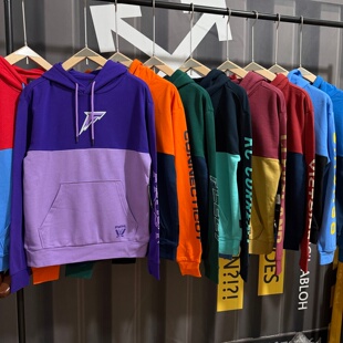 外贸欧美单春秋薄绒运动休闲连帽卫衣男拼块潮流美式 球队宽松上衣