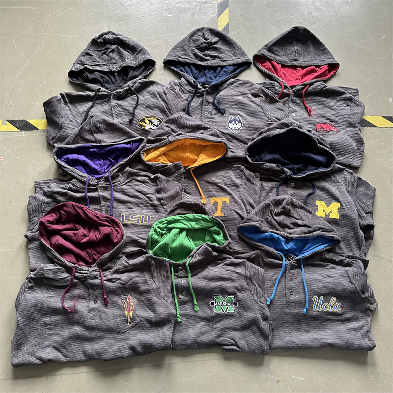 微瑕特价 NCAA春秋款华夫格长袖美式运动休闲纽扣领连帽卫衣宽松