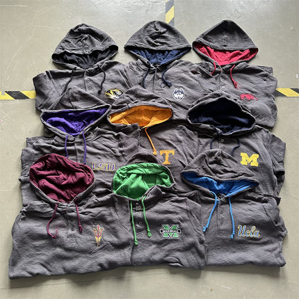 微瑕处理 NCAA春秋款华夫格长袖美式运动休闲纽扣领连帽卫衣宽松