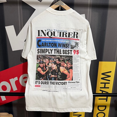米切尔复古美式休闲小领口纯棉短袖AFL95赛季卡尔顿总冠军纪念T恤