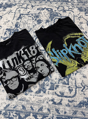 美式休闲水洗做旧宽松T恤SLIPKNOT乐队blink182印花oldschool短袖