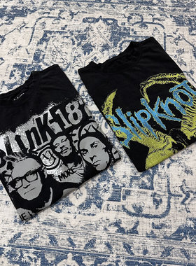美式休闲水洗做旧宽松T恤SLIPKNOT乐队blink182印花oldschool短袖