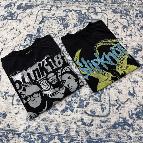 美式休闲水洗做旧宽松T恤SLIPKNOT乐队blink182印花oldschool短袖