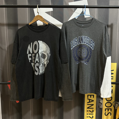 长袖t恤男春秋冬美式高街潮牌圆领打底衫宽松假两件卫衣ins洛杉矶