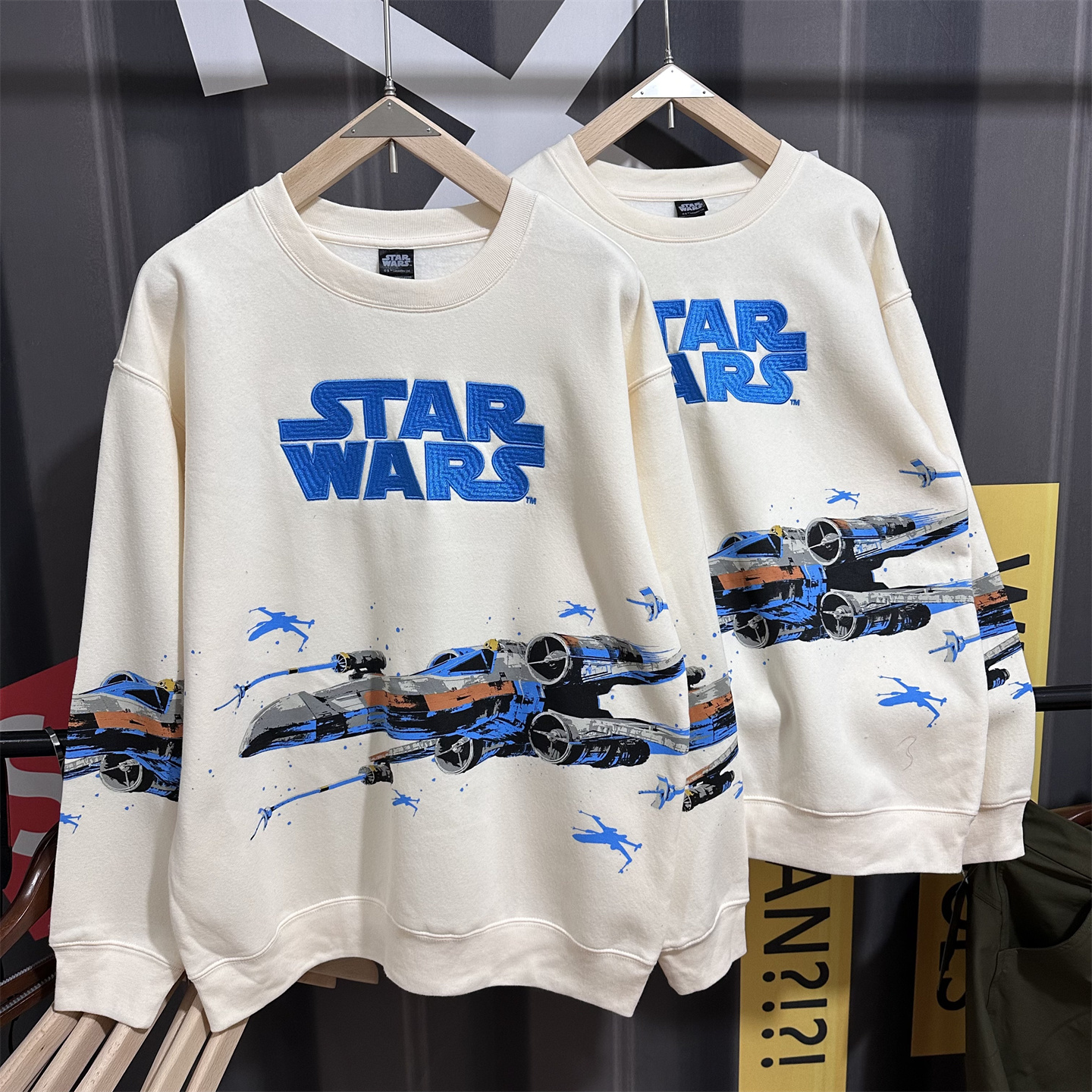 美国单星战美式休闲宽松卫衣 秋冬款潮流印花刺绣薄绒宽肩袖长袖