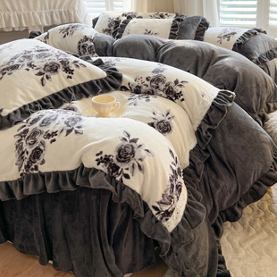 法式 加绒加厚牛奶绒四件套公主风花边被套毛绒珊瑚绒床裙 复古冬季