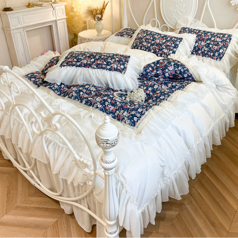 法式复古碎花少女100全棉床裙款四件套纯棉韩式花边被套网红床品4