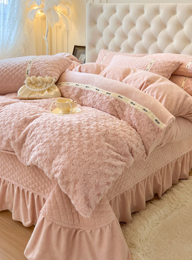 高档牛奶绒四件套冬季加厚法兰珊瑚绒夹棉床盖款床单被套床上用品