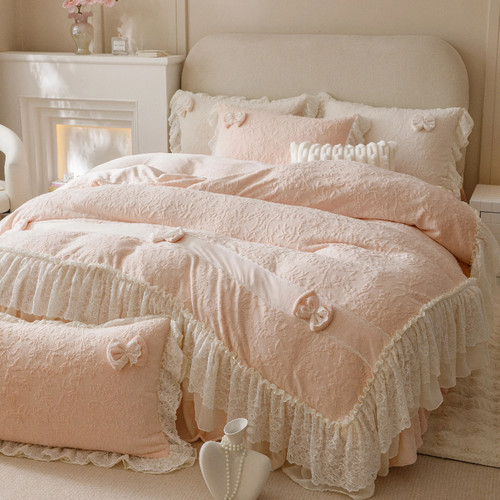 公主风毛绒珊瑚牛奶绒蕾丝边被套