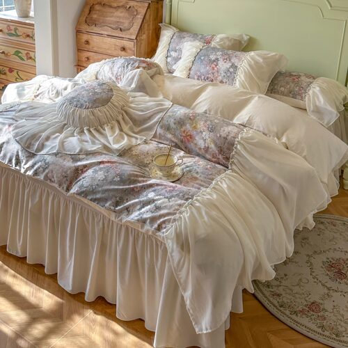 法式复古田园花卉全棉床上四件套纯棉蕾丝花边被套公主风床裙床品