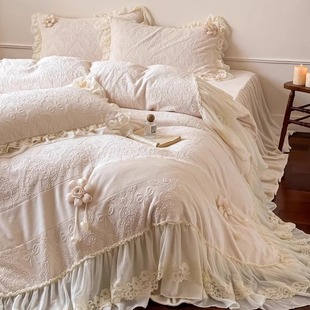 法式 蕾丝毛绒被套珊瑚绒公主风床裙 少女加厚雕花牛奶绒四件套冬季