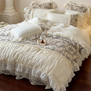 法式 牛奶绒床上四件套公主风田园花卉褶皱花边珊瑚绒被套仙女床盖