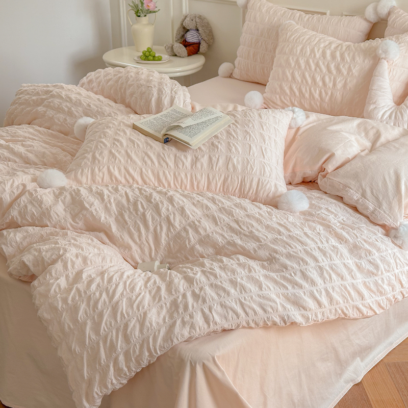 纯棉公主风粉色毛球被套网红床单