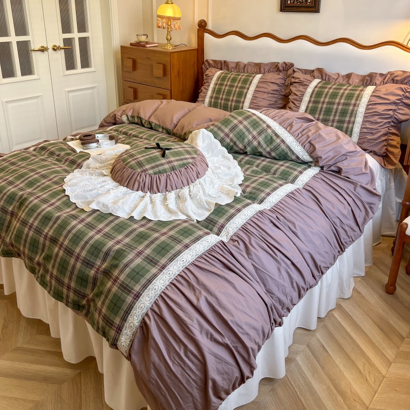 复古高级英伦格全棉床裙款四件套纯棉法式蕾丝花边被套少女心床品