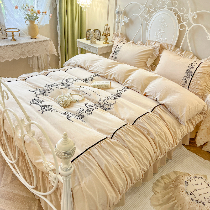 ins法式复古风纯棉床裙款四件套花边公主风轻奢高级全棉被套床单4