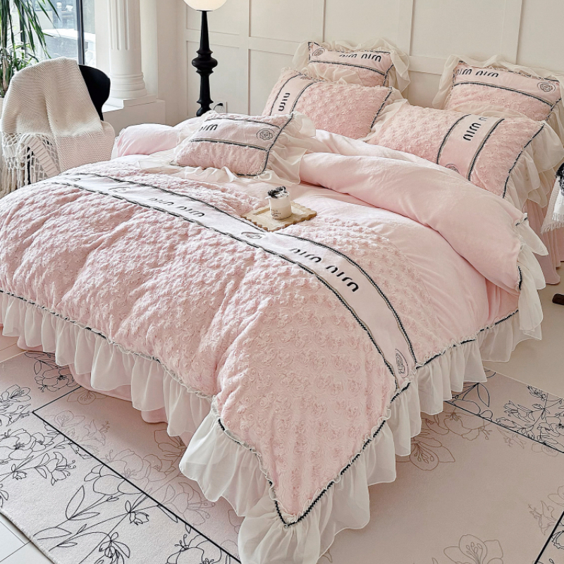 冬季加厚牛奶绒珊瑚绒蕾丝被套