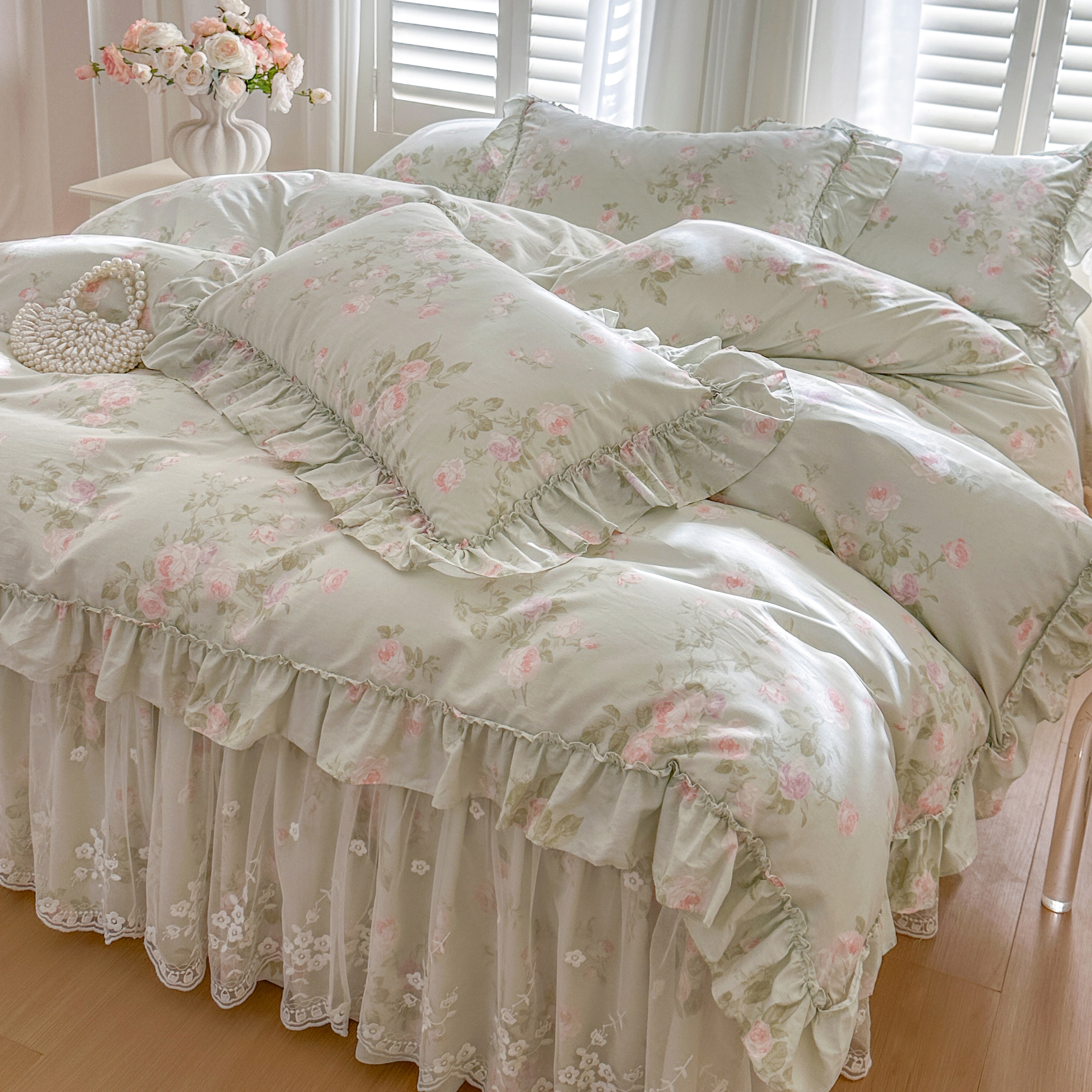 法式小清新全棉床上四件套纯棉田园花卉被套公主风蕾丝边夹棉床裙