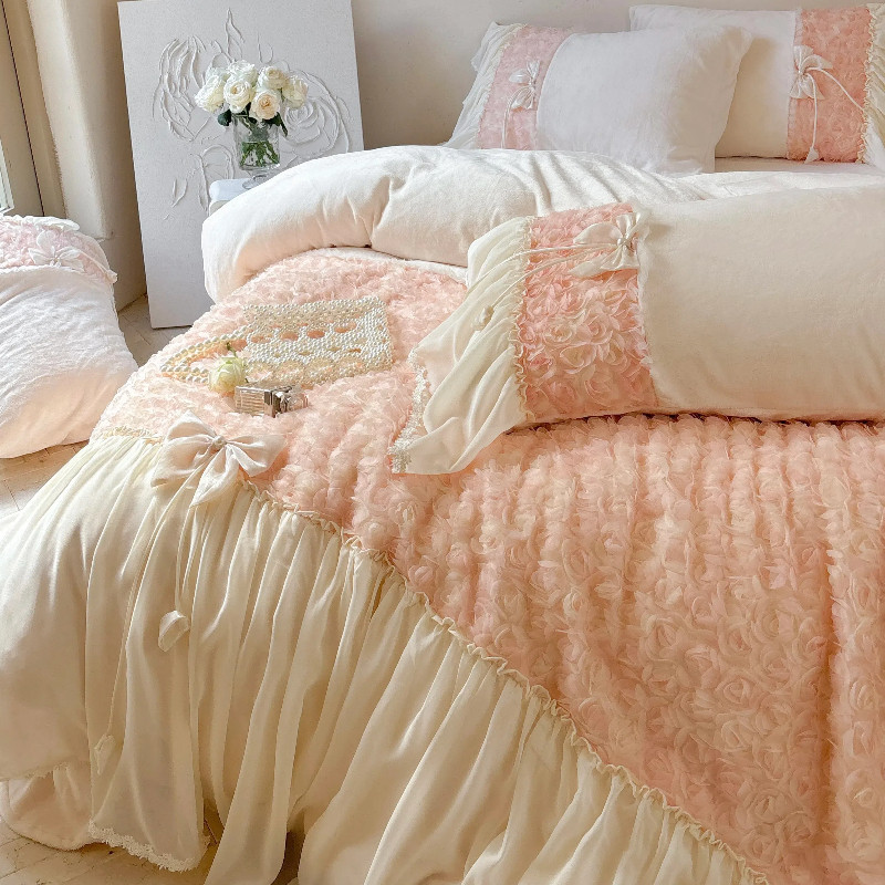 公主风冬季加厚牛奶绒四件套仙气玫瑰浪漫花边珊瑚绒被套加绒床品