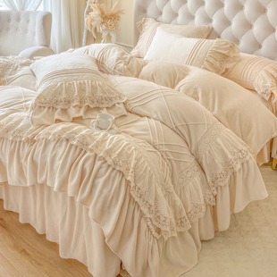 高级感加厚牛奶绒四件套蕾丝花边被套毛绒保暖仙女床裙款 冬季 法式