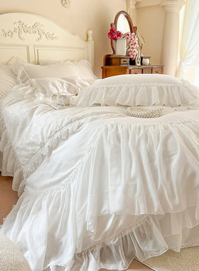 ins仙女白色100全棉床上四件套少女心蕾丝边被套网红公主风床裙款