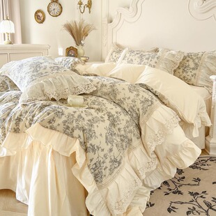 法式复古田园花卉全棉床上四件套公主风100纯棉花边被套床单床裙4