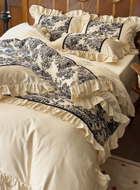 法式复古黑色100纯棉长绒棉四件套奶油风高级感全棉床上被套床品