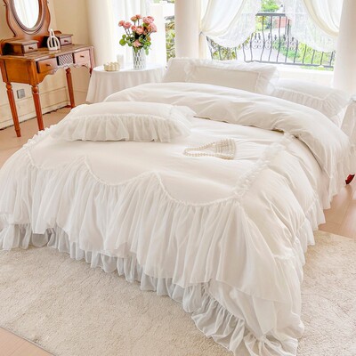 高级感仙女白色全棉床裙款四件套