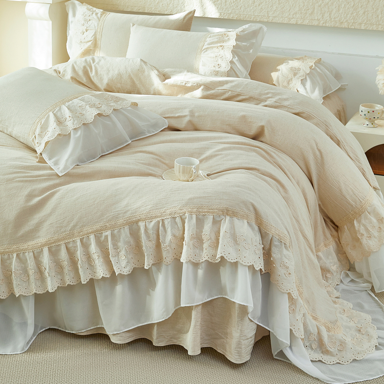 法式少女棉麻混纺床裙四件套公主风刺绣蕾丝花边被套全棉床上用品
