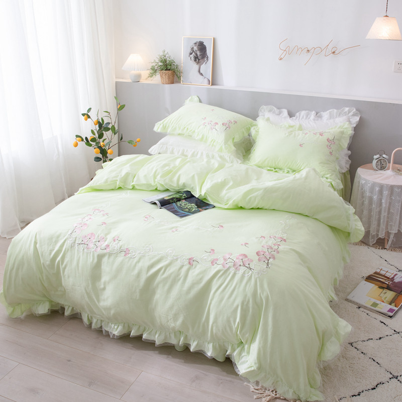 ins荷叶边全棉纯棉四件套床裙少女心公主风刺绣蕾丝被套床上用品