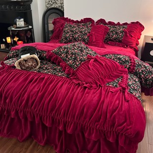 冬季 婚庆 加厚牛奶绒四件套碎花蝴蝶结被套公主风珊瑚绒床单床裙款