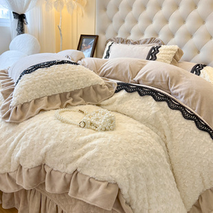冬季法式床上四件套牛奶珊瑚绒被套床单加绒床盖款冬天法兰绒床品