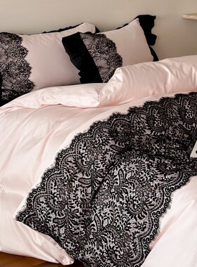 法式少女纯棉贡缎四件套全棉黑色蕾丝花边长绒棉床笠床单床上用品