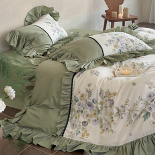 法式复古全棉田园印花四件套荷叶花边被套浪漫纯棉床单公主风床品