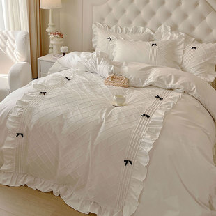 法式 浪漫蝴蝶结白色全棉四件套纯棉高级感公主风蕾丝花边被套床品