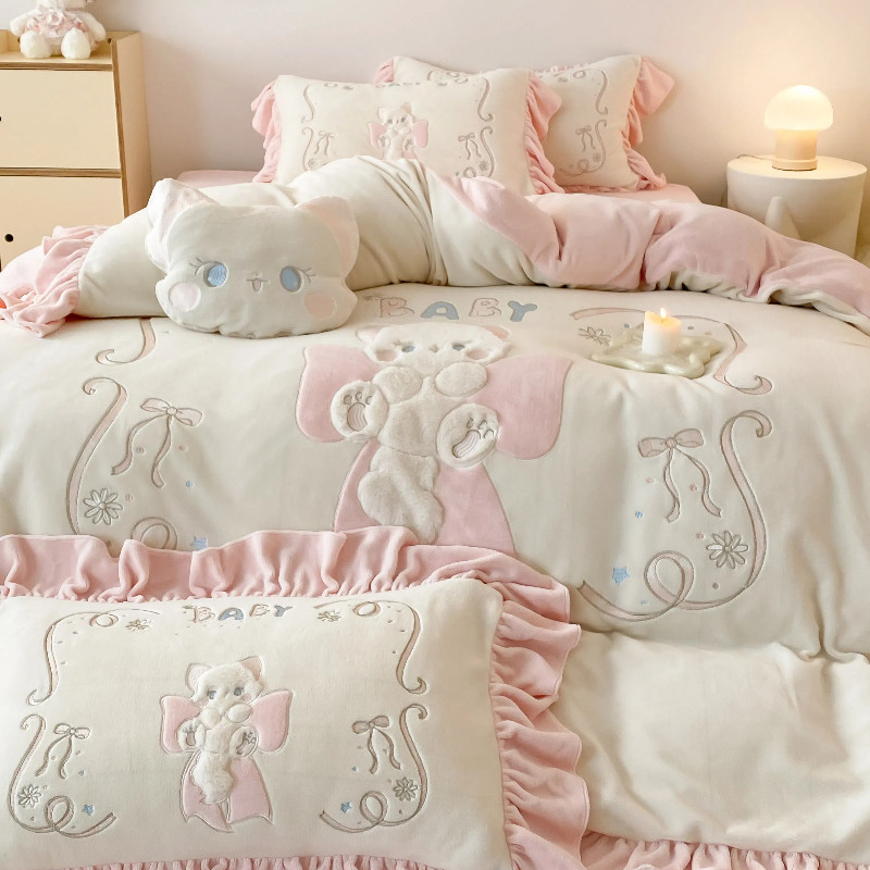 可爱少女心秋冬加厚双面牛奶绒四件套珊瑚绒被套保暖绒公主风床品