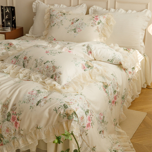 法式 浪漫碎花纯棉床裙四件套全棉复古公主风蕾丝荷叶花边被套床品