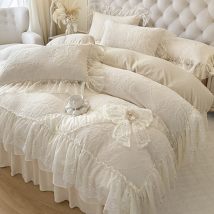 法式 浪漫雕花牛奶绒四件套公主风珊瑚绒蕾丝被套保暖加厚床裙 冬季