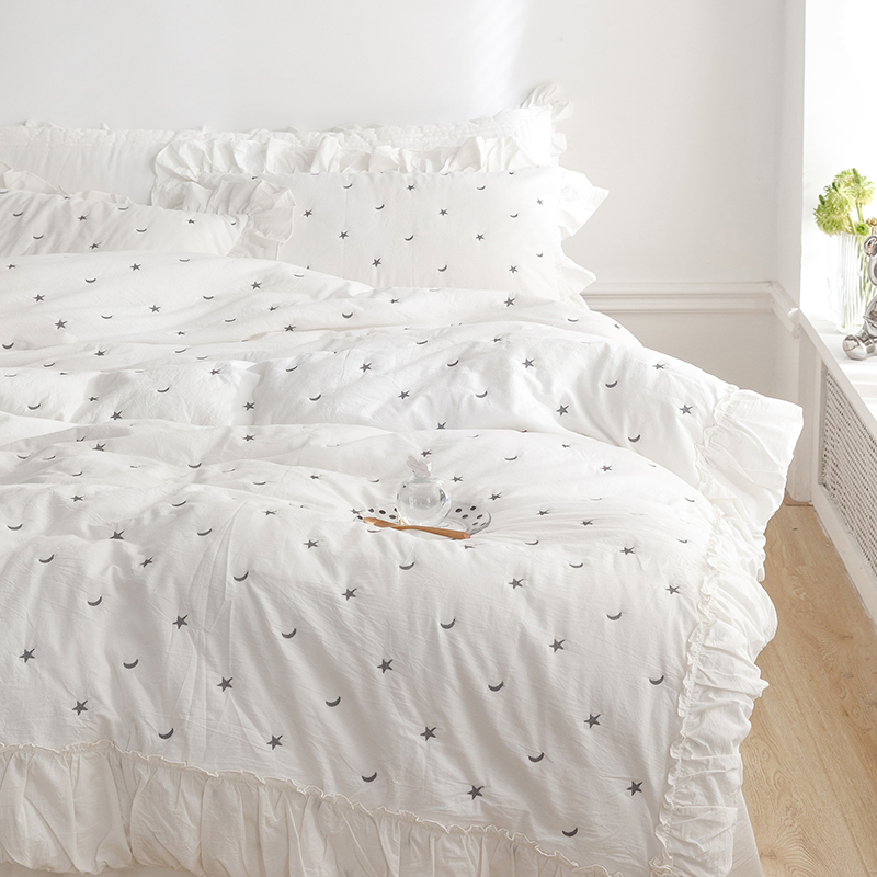 韩式ins风全棉水洗棉白色夹棉被套四件套星星刺绣简约少女心床品4