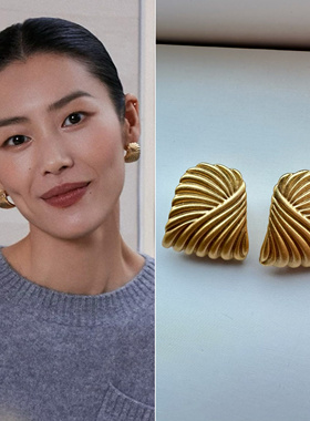方菱脸耳饰刘雯同款哑光金黄铜水波纹耳钉小众时尚配饰复古耳环女