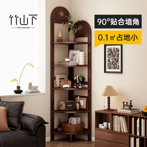 转角置物架墙角收纳柜书架转角柜中古风藤编一体靠墙90度三角柜