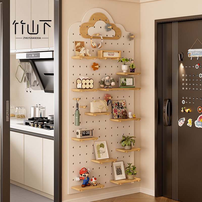 实木洞洞板置物架进门挂墙立式入户玄关门后墙上收纳造型墙展示架