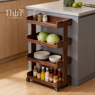 厨房蔬果置物架落地可移动小推车放菜篮子实木中古水果收纳零食架