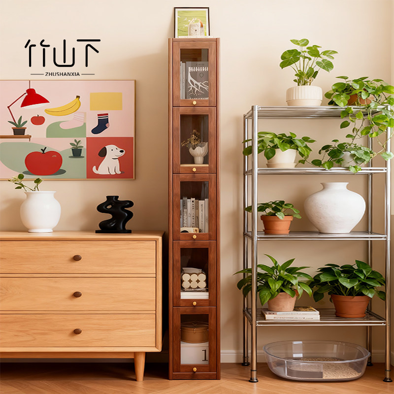 实木窄柜书架落地置物架家用客厅展示柜墙边小窄立柜储物收纳柜子,住宅家具,单个书柜,淘宝优惠券,粉丝福利购,淘宝优惠卷