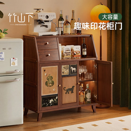 中古风实木大容量靠墙印花餐边柜