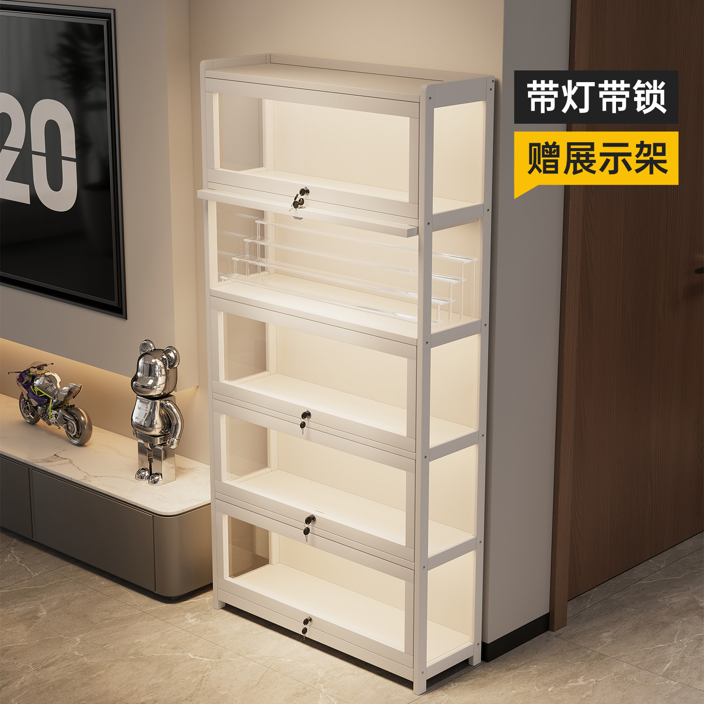 手办展示柜亚克力玻璃模型积分兑换带锁奖杯透明公仔饰品防尘柜子