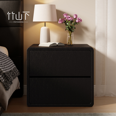 黑色床头柜现代简约2025新款卧室床边柜轻奢高级感实木置物收纳柜