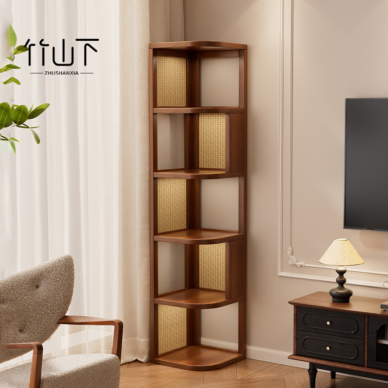 【实木书架】转角收纳天然藤编