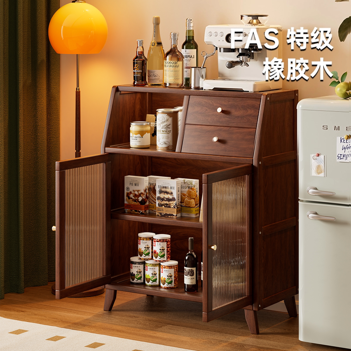 实木餐边柜咖啡柜靠墙一体茶吧柜图片