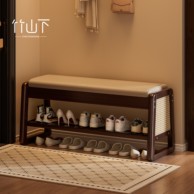 实木入户门口可坐鞋柜换鞋凳一体轻奢高级感中古家用玄关双层鞋架