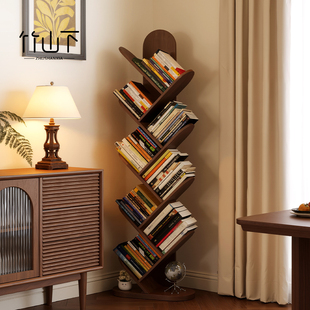 实木书架展示柜家用客厅夹缝书柜靠墙窄立柜中古风客厅杂志陈列柜